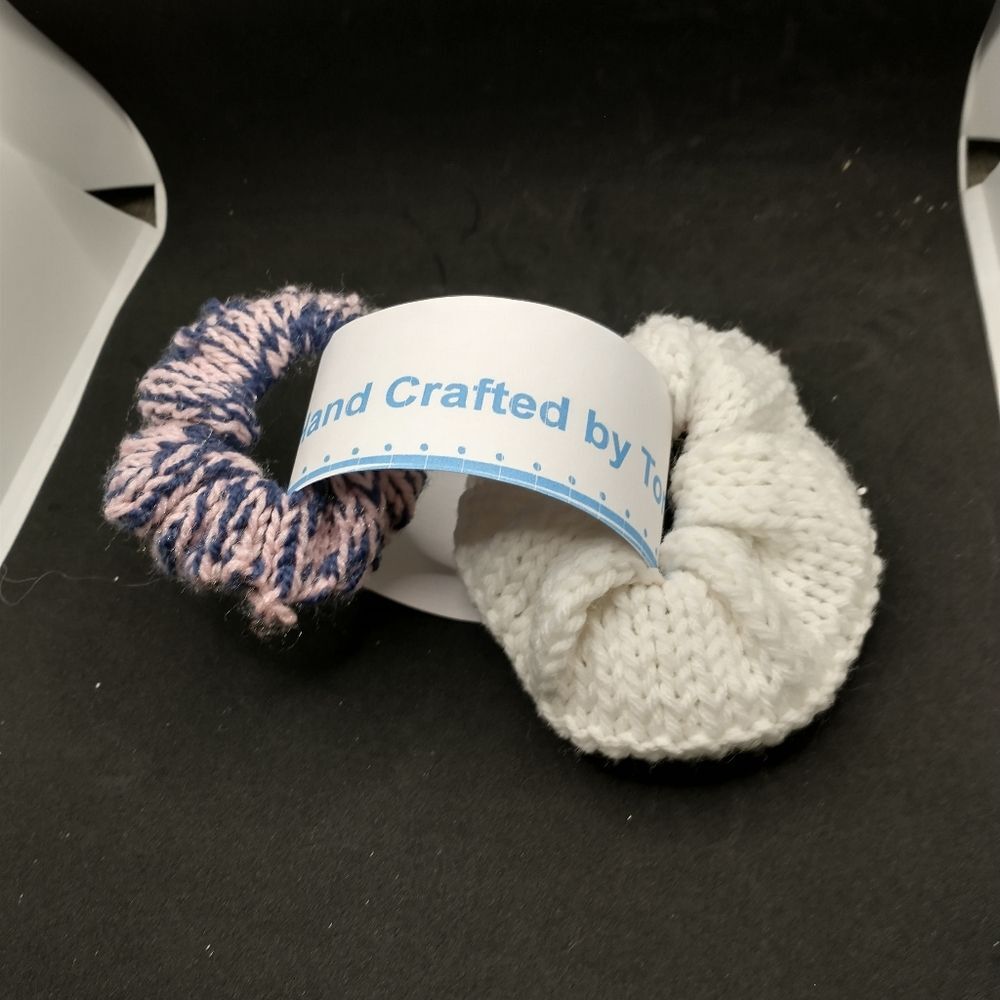 Hand Crafted Knit Scrunchies Pink White Jumbo Hair Band Accessory Set of 2